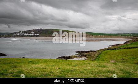 Vue sur la baie de Clonakilty par jour nuageux. Herbe épaisse près de la mer. Le littoral du sud de l'Irlande. Paysage de bord de mer. Banque D'Images