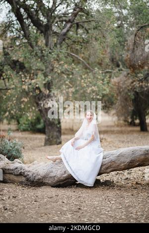 Mariée assise sur un grand arbre tombé dans le bosquet des chênes de Californie Banque D'Images