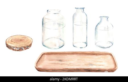 Jeu de bouteille en verre transparent, vase, pot de différentes formes, plateau en bois et scie coupée de côté. Illustration aquarelle sur fond blanc Banque D'Images