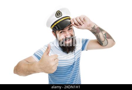 Bienvenue à bord. Homme marin rend hommage et pouce vers le haut. Homme barbu salue avec blinder. Salut à la main. Saluez. Salutation. Bonjour Banque D'Images