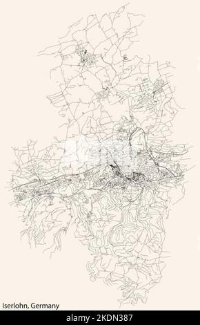 Navigation détaillée lignes noires rues urbaines carte de la capitale régionale allemande ISERLOHN, ALLEMAGNE sur fond beige vintage Illustration de Vecteur