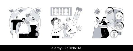 Ensemble d'illustrations vectorielles du concept abstrait de l'éclosion de coronavirus. Nouvelle trousse de test du coronavirus covid19, règles d'hygiène personnelle, diagnostic de covid, se laver les mains, porter une métaphore abstraite de masque. Illustration de Vecteur