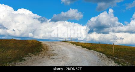 Route de campagne vide à l'infini menant à l'horizon avec ciel et nuages en arrière-plan, diminuant la perspective Banque D'Images