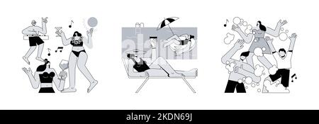 Jeu d'illustrations vectorielles abstraites d'événements d'été. Fête de plage, danse de piscine, divertissement de fête de mousse, maillots de bain, bikini, piste de danse, cercle gonflable flamant métaphore abstraite. Illustration de Vecteur