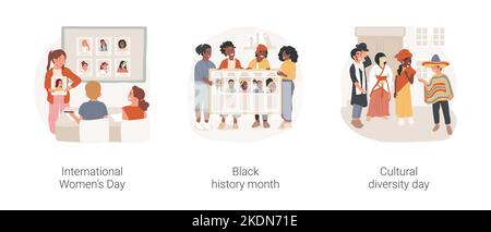 Campagnes de sensibilisation de l'école isolé caricature vecteur jeu d'illustration. Journée internationale des femmes, mois de l'histoire des Noirs, journée de la diversité culturelle, semaine internationale de la caricature vectorielle de la tolérance. Illustration de Vecteur