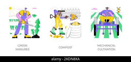Ensemble d'illustrations vectorielles de cartoon isolées de méthodes d'agriculture biologique. Engrais verts, utilisation de déchets organiques pour le compost, culture mécanique, lutte contre les mauvaises herbes dans le dessin animé vectoriel de l'agriculture moderne. Illustration de Vecteur