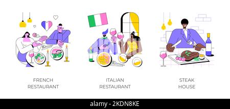 Ensemble d'illustrations vectorielles de dessins animés isolés. Happy couple manger au restaurant français, menu gastronomique, cuisine italienne traditionnelle, homme dîner dans un dessin animé vectoriel de steak House. Illustration de Vecteur