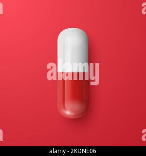 Vector 3D Realistic Red and White Pharmaceutical Medical Pill, Capsule, Tablet on Red Background. Vue de face, vue de dessus. Médecine, concept de santé Illustration de Vecteur