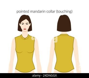 Col mandarin pointu toucher encolure vêtements caractère belle dame haut, chemise, robe technique illustration de la mode. Modèle de vêtements plats à l'avant et à l'arrière. Femmes, hommes unisex CAD maquette Illustration de Vecteur