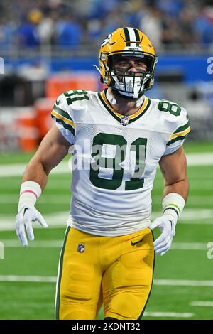 DETROIT, MI - 06 NOVEMBRE : Green Bay Packers TE Josiah Degura (81) avant le match entre Green Bay Packers et Detroit Lions sur 6 novembre 2022 à Detroit, MI (photo d'Allan Dranberg/CSM) Banque D'Images