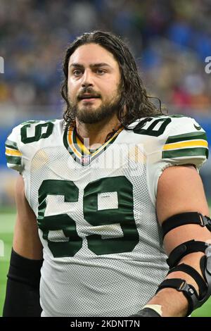 DETROIT, MI - 06 NOVEMBRE : les Packers de Green Bay OT David Bakhtiari (69) pendant le match entre les Packers de Green Bay et les Lions de Detroit sur 6 novembre 2022 à Detroit, MI (photo d'Allan Dranberg/CSM) Banque D'Images