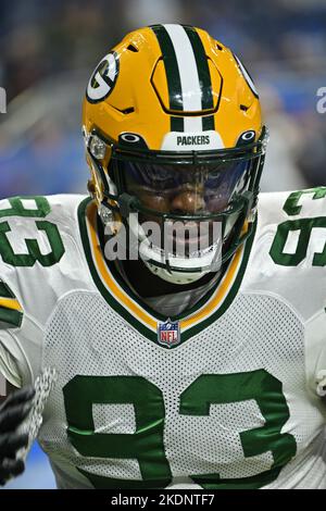 DETROIT, MI - NOVEMBRE 06 : Green Bay Packers DT T.J. Slaton (93) avant le match entre les Packers de Green Bay et les Lions de Détroit sur 6 novembre 2022 à Detroit, MI (photo d'Allan Dranberg/CSM) Banque D'Images