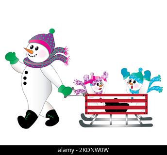 Fun vacances famille Snowman aller pour une promenade dans un traîneau à chariot rouge. Banque D'Images