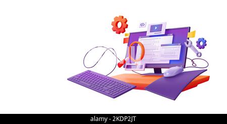 3d effectuer des tests de code, des tests fonctionnels, des programmations, des erreurs de recherche et des bogues. Développement de plate-forme de site Web, optimisation de la convivialité de tableau de bord, ordinateur de bureau, loupe, clé, Illustration de dessin animé Banque D'Images