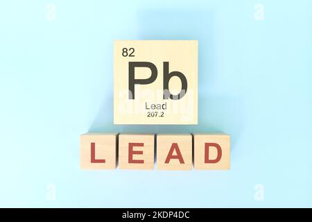 Symbole d'élément chimique de plomb avec masse atomique et numéro atomique en blocs de bois à composition de pose plate. Chimie et science. Banque D'Images