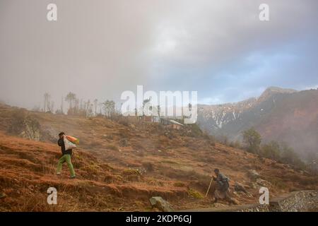 Srinagar, Inde. 07th novembre 2022. Les gens marchent sur la colline pendant un temps brumeux à la périphérie de Srinagar. Les pluies ont continué à frapiller les plaines tandis que les tronçons supérieurs ont reçu des chutes de neige alors que l'homme météorologique avait prédit un temps plus humide à Jammu-et-Cachemire jusqu'à 11 novembre. Crédit : SOPA Images Limited/Alamy Live News Banque D'Images