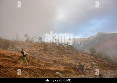 Srinagar, Inde. 07th novembre 2022. Les gens marchent sur la colline pendant un temps brumeux à la périphérie de Srinagar. Les pluies ont continué à frapiller les plaines tandis que les tronçons supérieurs ont reçu des chutes de neige alors que l'homme météorologique avait prédit un temps plus humide à Jammu-et-Cachemire jusqu'à 11 novembre. (Photo de Saqib Majeed/SOPA Images/Sipa USA) crédit: SIPA USA/Alay Live News Banque D'Images