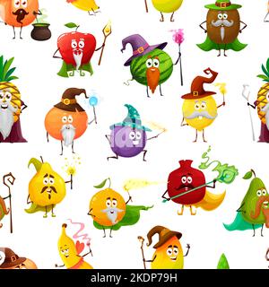 Dessin animé fruit Wizard, les mages, les warlocks et les personnages magiciens sans couture motif. Fond vectoriel avec pomme, pastèque, kiwi, orange ou prune, grenat, banane, poire, citron et ananas, coing, mangue Illustration de Vecteur