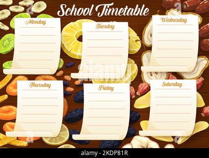 Fruits secs. Calendrier de formation. Calendrier des études de l'école élémentaire, cours organisateur hebdomadaire avec kiwi séché, banane et ananas, abricot, mangue et prune, citron, cornouiller et poire, pomme Illustration de Vecteur