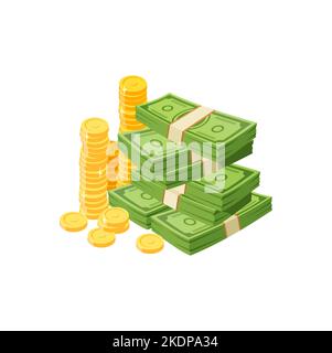 Dessins animés billets d'argent en espèces et pièces d'or. Piles de dollars vectorielles vertes et piles d'or. Isolé riche, dépôt bancaire, rêve, paquets de factures, investissement, gains, trésor ou capital de jackpot Illustration de Vecteur