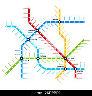 Carte du métro, du métro et des transports en commun. Plan du métro Vector ou du métro urbain avec lignes et stations de train ou de bus ou réseau de transport BTS et LRT Illustration de Vecteur