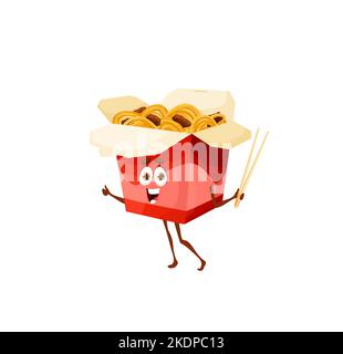 Boîte de wok asiatique avec personnage de dessin animé de nouilles ramen. Personnage de ramen vectoriel isolé avec baguettes de bambou à la main. Happy fast food positif emoji, drôle de kawaii repas en carton rouge Illustration de Vecteur