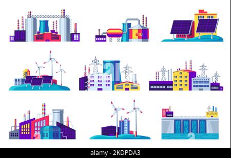 Centrales électriques vertes. Bâtiments d'usine de production d'énergie électrique, production d'industrie lourde énergie hydroélectrique centrales éoliennes de style caricature plate Illustration de Vecteur