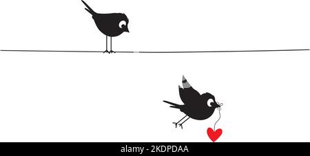 Silhouettes d'oiseaux sur fil tenant coeur rouge illustration, vecteur. Dessin animé amusant. Affiche minimaliste isolée sur fond blanc. Art Illustration de Vecteur