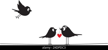 Silhouettes d'oiseaux sur fil tenant coeur rouge illustration, vecteur. Dessin animé amusant. Affiche minimaliste isolée sur fond blanc. Art Illustration de Vecteur