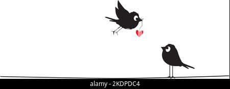 Silhouettes d'oiseaux sur fil tenant coeur rouge illustration, vecteur. Dessin animé amusant. Affiche minimaliste isolée sur fond blanc. Art d Illustration de Vecteur