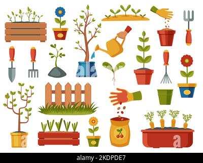 Collecte des semences de plantation. Dessin animé outils de jardin, équipement de jardinage arrosage pot-de-fleurs pot pot-de-gants de pelle, agriculture cultivant concept. Vecteur Illustration de Vecteur