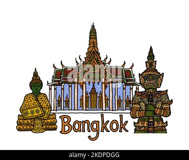 Wat Phra Kaew, le Grand Palais avec Bouddha d'Emeraude et le géant de Yaksha. Temple bouddhiste thaïlandais et destinations de voyage à Bangkok, Thaïlande. Vecteur. Illustration de Vecteur