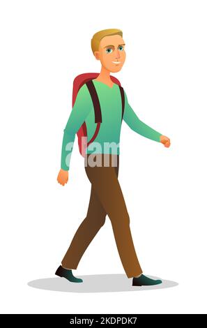 Homme de tourisme avec sac à dos. Va sur la route. Le voyageur de garçon sourit. Se met en route. Isolé sur fond blanc. Vecteur. Illustration de Vecteur