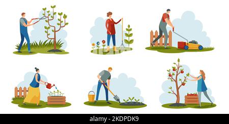 Jardinage de personnes. Personnages de dessin animé travaillant avec des outils fermiers cultivant des plantes, ouvriers agricoles paysagant jardin plat style. Vecteur coloré Illustration de Vecteur