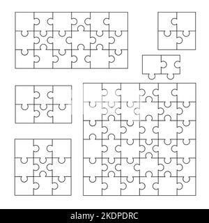 Formes de puzzle. Les pièces de scie sauteuse vierges s'agenent et sont séparées pour la conception de jeux, le groupe d'éléments de tuile travail d'équipe processus de résolution des problèmes. Ensemble de vecteurs Illustration de Vecteur