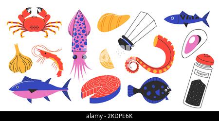 Animaux de fruits de mer Doodle. Caricature Oyster crayfish octopus homard thon produits de crustacés pour le menu restaurant marché du poisson bannière conception. Vecteur isolé Illustration de Vecteur