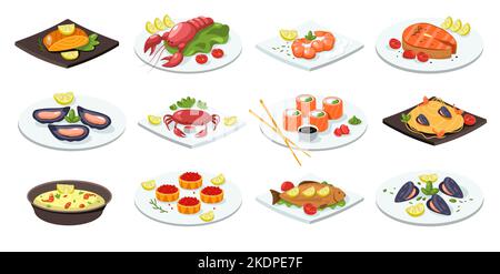 Repas de poisson. Plats de fruits de mer cartoon cuisine asiatique traditionnelle, saumon plat, homard, sushis, crabe moule sur assiette cuisine japonaise. Ensemble vectoriel isolé Illustration de Vecteur