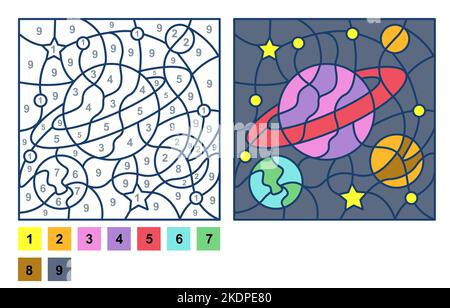 Page de livre de coloriage vectoriel, jeu de Puzzle, couleur par nombre espace galaxie et planètes Illustration de Vecteur