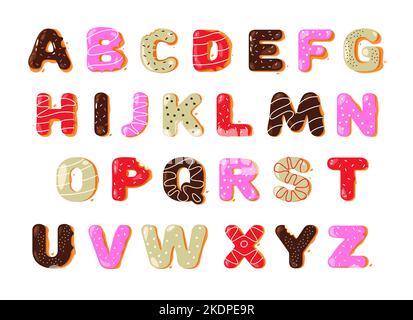 Alphabet avec beignets. Caricature Sweet Candy boulangerie police pour la conception de logo, créatif drôle donut ABC typeface lettres majuscules. Ensemble vectoriel coloré Illustration de Vecteur