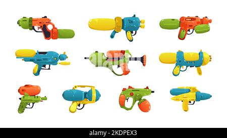 Pistolet à eau de dessin animé. Enfants jouet armes, comique plastique childish matériel pistolet humide Shoot pour le jeu d'été, enfance heureuse. Ensemble vectoriel isolé Illustration de Vecteur