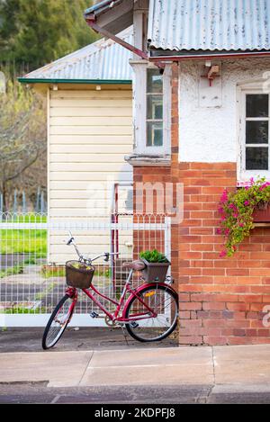 Un vélo stationné à l'extérieur du bureau de poste dans la rue Mayne, Murrurundi, avec des plantes en pot poussant dans ses paniers de porte-bagages avant et arrière Banque D'Images