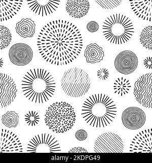 Dessin à la main, cercle noir et blanc sans couture. Style Doodle abstrait Scribble texturé, strié, motif d'élément de cercle de points. Arrière-plan monochrome. Illustration vectorielle Illustration de Vecteur