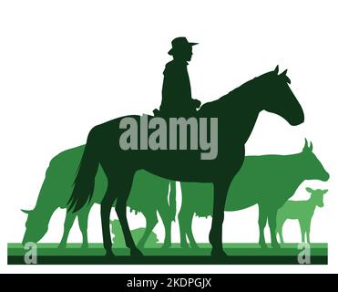 Shepherd saisit les vaches dans les pâturages. Silhouette de l'image. Animaux de la ferme. Animaux pour le lait et les produits laitiers. Isolé sur fond blanc. Vecteur. Illustration de Vecteur