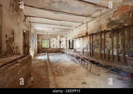 Stockage désordonné, ancien stable avec des murs endommagés dans la vieille maison de campagne Banque D'Images