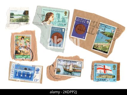 Un montage de timbres-poste vintage sur papier du Royaume-Uni. Banque D'Images
