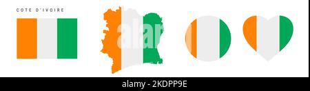 Ensemble d'icônes de drapeau de la Côte d'Ivoire. Côte d'Ivoire pennant dans les couleurs et les proportions officielles. Rectangulaire, en forme de carte, en forme de cercle et de coeur. Vecteur plat Ill Illustration de Vecteur
