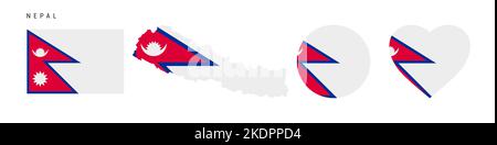 Ensemble d'icônes de drapeau népalais. Pennant népalais dans les couleurs et les proportions officielles. Rectangulaire, en forme de carte, en forme de cercle et de coeur. Illustration vectorielle plate iso Illustration de Vecteur