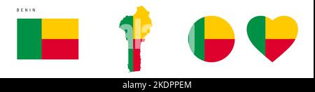 Ensemble d'icônes de drapeau Bénin. Pantalon Dahomey dans les couleurs et les proportions officielles. Rectangulaire, en forme de carte, en forme de cercle et de coeur. L'illustration du vecteur plat est Illustration de Vecteur