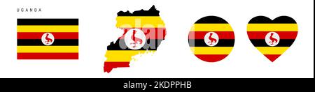 Ensemble d'icônes de drapeau ougandais. Pénitence ougandaise dans les couleurs et les proportions officielles. Rectangulaire, en forme de carte, en forme de cercle et de coeur. Illustration vectorielle plate i Illustration de Vecteur