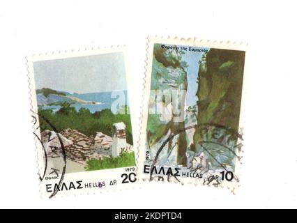 Montage de timbres-poste d'époque de Grèce sur fond blanc. Banque D'Images